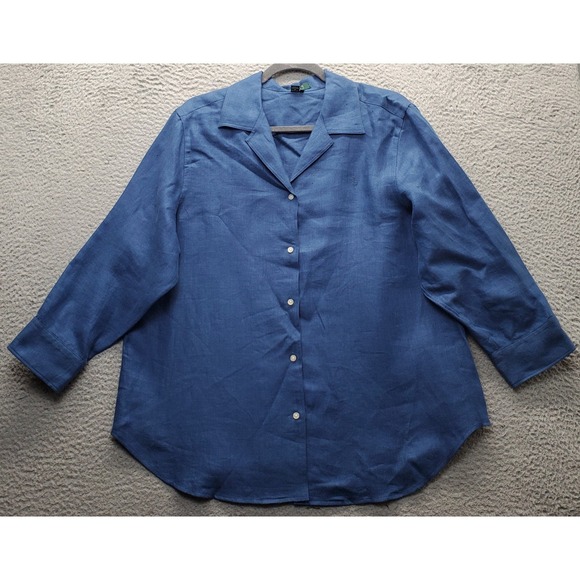Lauren Ralph Lauren Tops - Lauren Ralph Lauren Button-Up Shirt Womens XL Blue Herringbone Linen Long-Sleeve